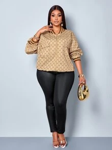 SOLERSUN Plus Size Women's Printed Baseball Jacket Short Zip-Up Jacket With Pocket Design Vintage Top Fall - Khaki - View 8