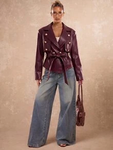 Lumalex Women's Solid-Color PU Leather Collared Long-Sleeve Double-Breasted Metal Buckle Belted Fashion Jacket Autumn Style Burgundy Grain Stylish Oversized - Burgundy - View 2