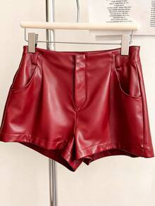 Franclia Plus Size Women's Solid Color Pocket Casual Versatile Daily Shorts - Red - View 4