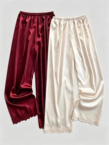 Snug Zone Lace Patchwork Faux Silk Elastic Waist Straight Leg Pants 2-Color Combination - Multicolor - View 4