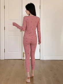DAZY 3pcs Women's Heart Pattern All-Over Print Short Cardigan, Fitted Camisole, And Ankle-Length Fitted Pajama Pants Sleepwear Set - Pink - View 2