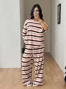 Coolane 大尺碼女款條紋長袖上衣與長褲休閒日常套裝 - 淺粉色 - 查看 4