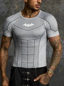 BATMAN X SHEIN Men's Geometric Bat Print Short Sleeve Slim Fit T-Shirt - Grey - View 7