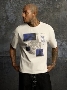 BATMAN X SHEIN Men's Hip-Hop Letter Print Crew Neck Short Sleeve T-Shirt, Casual - Apricot - View 4