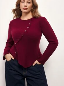 Maija Plus Size Women's Solid Color Crew Neck Long Sleeve Casual Sweater - Burgundy - View 1