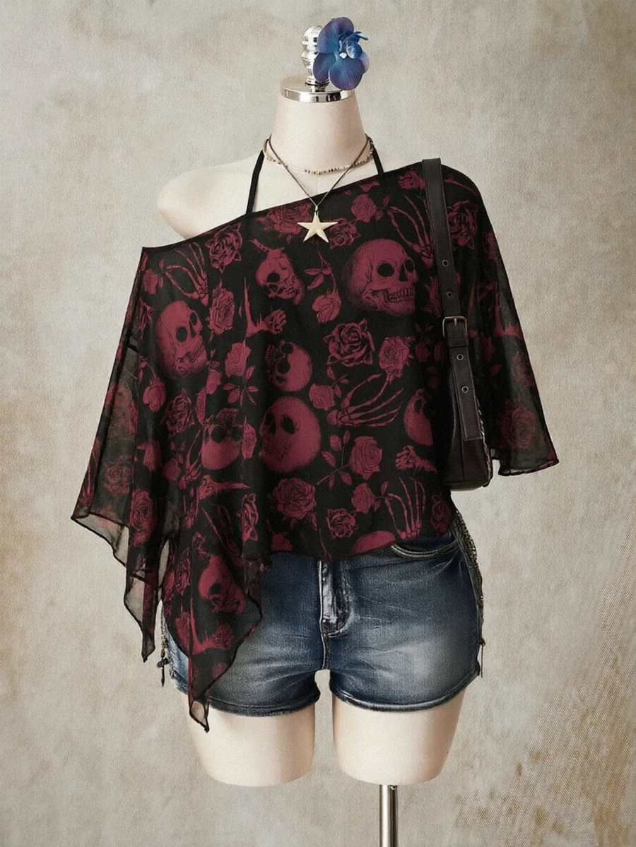 SHEIN ICON 大尺碼女款不對稱骷髏與玫瑰印花上衣 - 彩色 - 查看 1