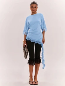 SHEIN BAE Women's French Lace Patchwork Asymmetrical Hem Ribbon Top - Baby Blue - View 1