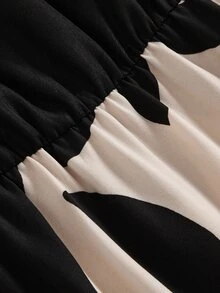 SHEIN 青少年女孩秋冬休閒時尚通勤黑色拼接長袖A字洋裝，適用萬聖節、聖誕節、畢業派對與正式場合 - 黑色 - 查看 6