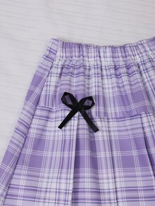 SHEIN 女童格紋拼接襯衫領泡泡長袖上衣搭配鬆緊腰百褶裙，學院風，適合春秋季上學、通勤、旅行、散步、購物，可搭配外套、夾克、西裝外套 - 紫色 - 查看 7