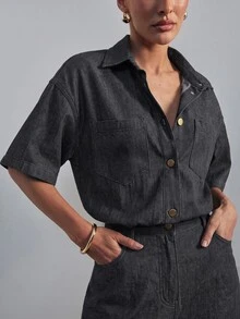Hauture 女款短袖寬鬆長短牛仔連身褲，現代性感通勤辦公穿搭 - 黑色 - 查看 5
