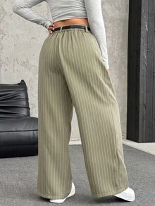 SHEIN EZwear Pantalones de pierna ancha casuales con cierre de botones y cinturón en unicolor para talla grande en otoño/invierno - Verde - Ver 2