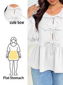 SHEIN Essnce Plus Size Elegant Bow Tie Tie-Up Ruched Blouse - White - View 1