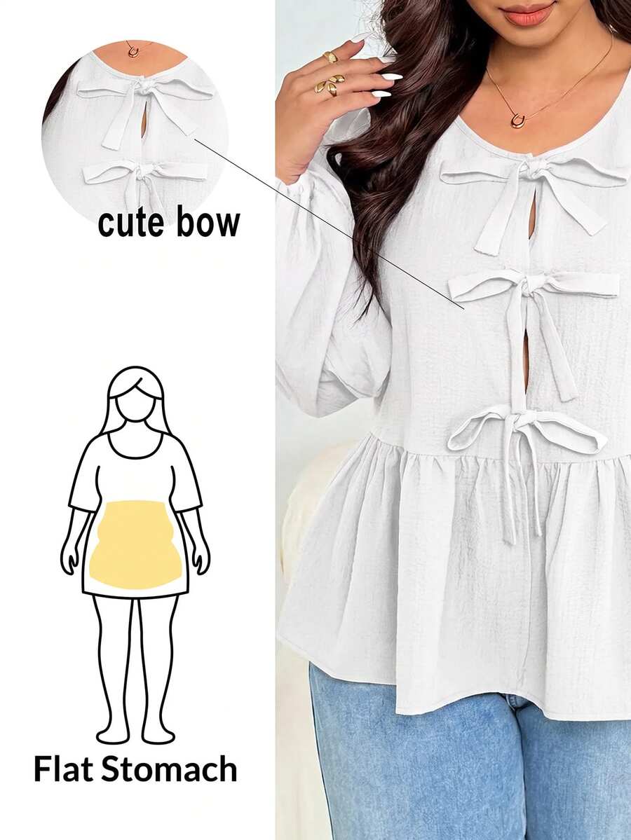 SHEIN Essnce Plus Size Elegant Bow Tie Tie-Up Ruched Blouse - White - View 1