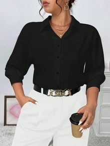 Elenzga 大尺碼女款純色梭織長袖休閒優雅OL襯衫，感恩節女式襯衫 - 黑色 - 查看 1