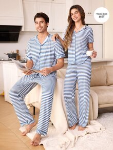 CoupledUp Men's Blue Striped Print Small Lapel V-Neck Thin Short Sleeve Long Pants Casual Comfortable Wearable 2 Pieces Pajama Set - Blue - View 4