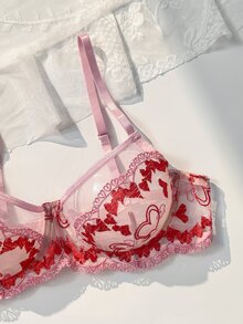 PetitDoll Sweet & Spicy Girl Pink Embroidered Heart Bra, Sheer Mesh See-Through Sexy Lingerie Set 2pcs - Multicolor - View 3
