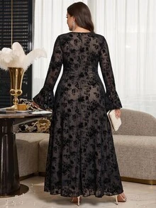 Reflora Plus Size Fashion Party Floral Flocked Mesh Dress Fall - Black - View 3