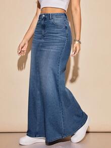 SHEIN EZwear 女款休閒牛仔裙，附口袋與鈕扣，適合日常穿著 - 藍色 - 查看 3