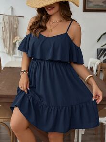 SHEIN VCAY Vestido de moda para mujer talla grande con unicolor, patchwork, volantes y hombros descubiertos - Azul Marino - Ver 3