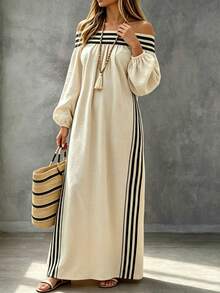 Linhara CURVE Spring/Summer Off-Shoulder Elastic Waist Loose Casual Fashion Plus Size Dress, Suitable For Daily Wear, Outings And Gatherings Fall - Apricot - View 5