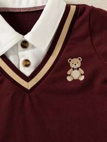 Souflis Souflis 1件男嬰套裝，針織長袖 Polo 2合1印花胸前衛衣上衣 + 鬆緊腰長褲，卡其色，秋季休閒套裝 - 彩色 - 查看 5