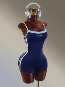 Amplova Contrast Color Striped Backless Spaghetti Strap Sports Romper Shorts - Navy Blue - View 4