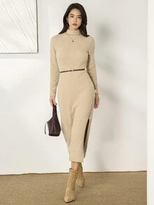 Heiryn Women's Solid Color Stand Collar Casual Daily Summer Knit Dress - Khaki - View 2