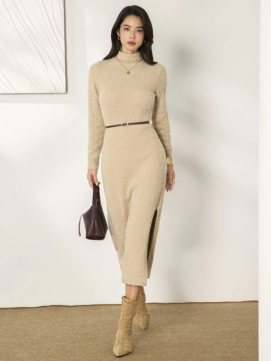 Heiryn Women's Solid Color Stand Collar Casual Daily Summer Knit Dress - Khaki - View 1