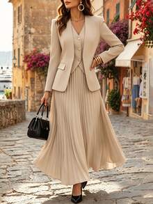 SHEIN Franclia 女款春夏/秋冬優雅西裝面料兩件套，2合1夾克搭配彈性腰褶皺長裙，適合下午茶及其他場合，秋冬新款套裝，展現時尚魅力 - 卡其色 - 查看 6