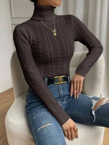 SHEIN LUNE 復古百搭高領麻花編織長袖套頭毛衣 - 咖啡棕 - 查看 4