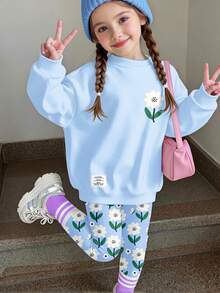 青少年女孩復古多巴胺甜美田園花卉圖案圓領休閒落肩衛衣與修身內搭褲2件套，適合日常通勤、約會、派對、秋冬、海灘、畢業典禮、時尚休閒、外出、優雅度假、Y2K等場合 - 彩色 - 查看 1
