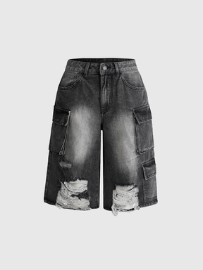 Grunge Punk Pantaloni da donna punk in denim twill grigio scuro con effetto consumato e strappi, lunghezza media