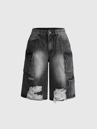 Grunge Punk Pantaloni da donna punk in denim twill grigio scuro con effetto consumato e strappi, lunghezza media