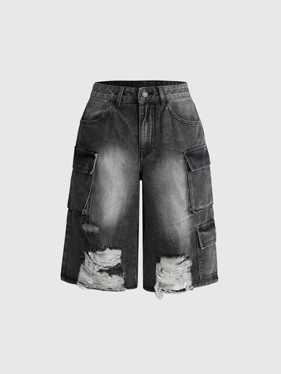 Grunge Punk Pantalon mi-long en denim sergé gris foncé délavé et déchiré style punk pour femmes