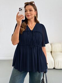 SHEIN Essnce 大尺碼夏季休閒純色前綁帶襯衫 - 藏蓝色 - 查看 4