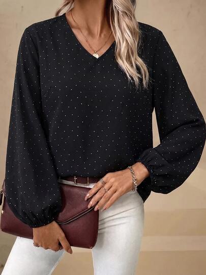 Reflora Plus Size Women's V-Neck Polka Dot Casual Versatile Daily Wear Blouse