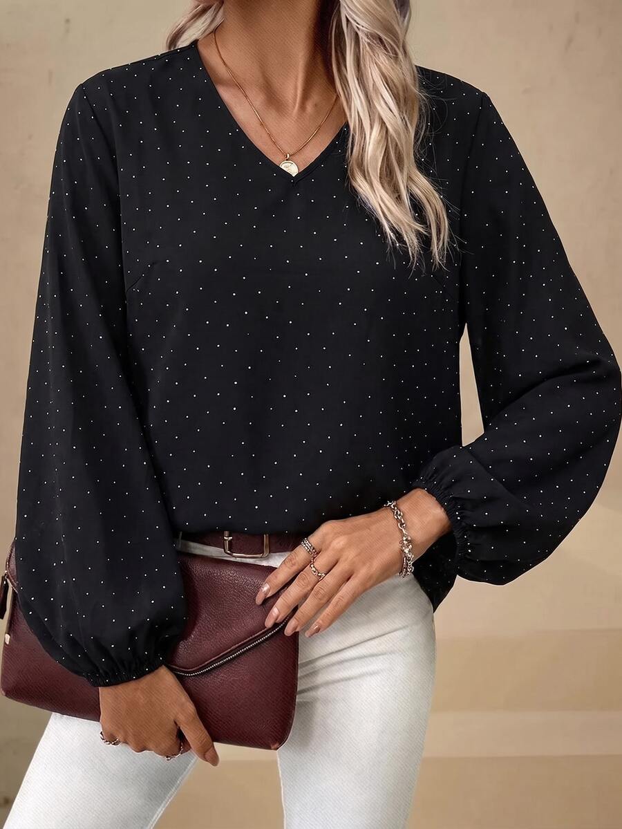 Reflora Plus Size Women's V-Neck Polka Dot Casual Versatile Daily Wear Blouse - Black - View 1