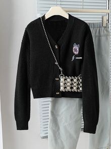 SHEIN 女童黑色針織圓領長袖短版開襟衫，極簡甜酷風，多款拼接設計，柔軟親膚舒適，百搭易穿搭，適合外出、居家休閒、聚會、派對等多種場合 - 黑色 - 查看 1