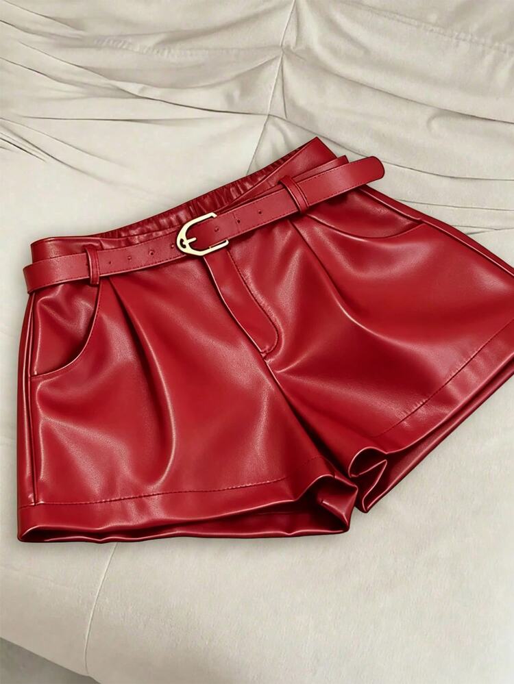 Franclia Plus Size Women's Solid Color Pocket Casual Versatile Daily Shorts - Red - View 1