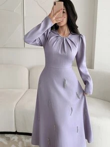 Feyla New Design Elegant Light Luxury Beaded Waist-Cinching A-Line Party Dress - Mauve Purple - View 3