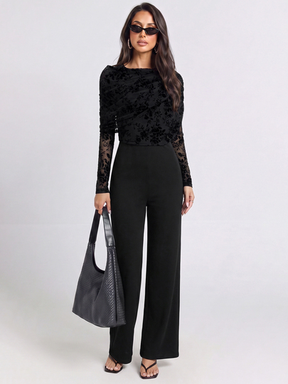 Firerie Women's Elegant Minimalist Romantic Party High Elasticity Knitted Flocked Lace Patchwork Jumpsuit, Black Solid Color Long Sleeve Draped Neckline Cinched Waist Loose Wide Leg Pants Jumpsuit, Suitable For Casual Daily Wear, Vacation, Holiday, Outing