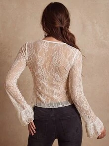 SHEIN Holidaya Women's Vintage Boho Romantic Lace Fabric V-Neck Long Sleeve Top, Flare Sleeve Design, Fashionable Versatile Going Out Vacation White Floral Fall - White - View 2