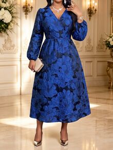 Fleurora Plus Size Elegant Party Jacquard Dress Fall - Blue - View 3