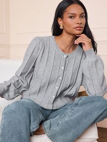 Lilora Sweater Wanita Premium Serbaguna Bergaris Kancing Tunggal, Pakaian Jalanan Musim Gugur, Gaya Kasual Prancis untuk Makan Siang di Kantor, Abu-abu Muda - Grey - View 1
