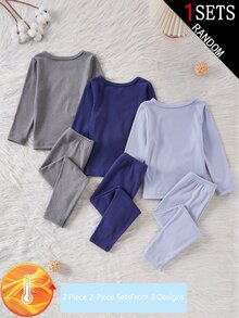 SHEIN (Randomly Ships 1 Of 3)Young Boy Solid Color Round Neck Long Sleeve Top & Pants Thermal Set, Soft Fleece-Lined And Thickened Autumn/Winter - Multicolor - View 2
