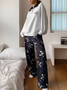 TOM AND JERRY X DAZY Women's Autumn/Winter Cartoon & Letter Print Colorblock Patchwork Top And Patterned Pajama Pants Sleepwear Set - Grey - View 6
