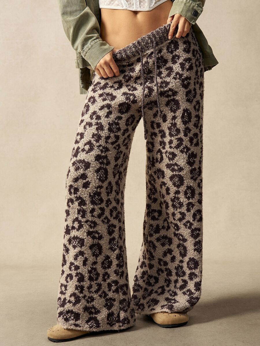 Bohemela Plus Size Winter Leopard Print Knit Pants - Multicolor - View 1