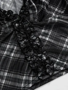 ROMWE J-Fashion 復古學院風大尺碼女款格紋上衣，喇叭袖、荷葉邊飾、長袖，甜美休閒日常穿搭 - 彩色 - 查看 3