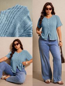 Elaquor Plus Size Women Solid Color Front Button Short Sleeve T-Shirt - Baby Blue - View 3