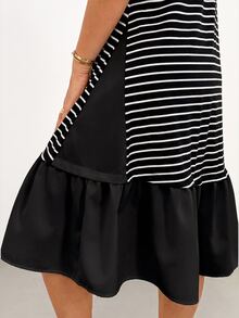 Shapeblank Plus Size Summer Casual Striped Patchwork Dress - Black and White - View 5